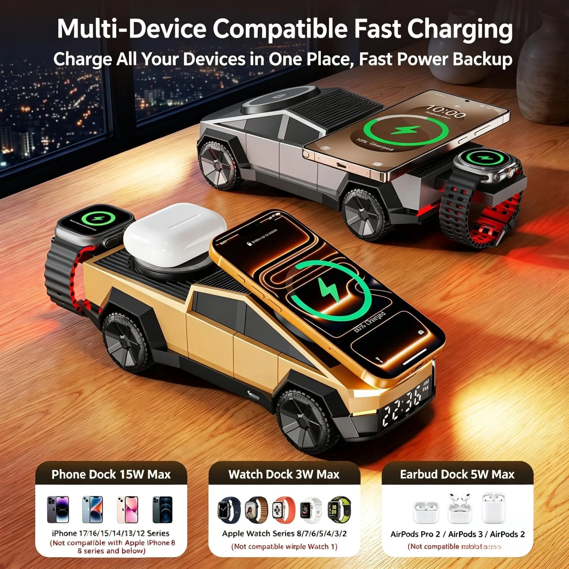 Cyber Truck 3-in-1 Wireless Charger Station with Bluetooth Speaker & Digital Alarm Clock