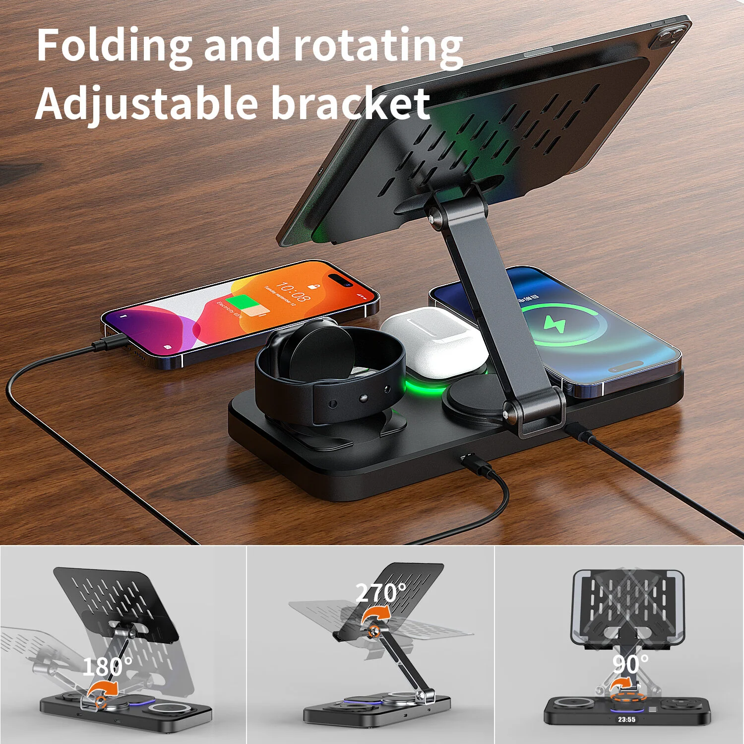 8-in-1 Wireless Charging Stand with Bluetooth Speaker Light Clock Dock Foldable Tablet Holder