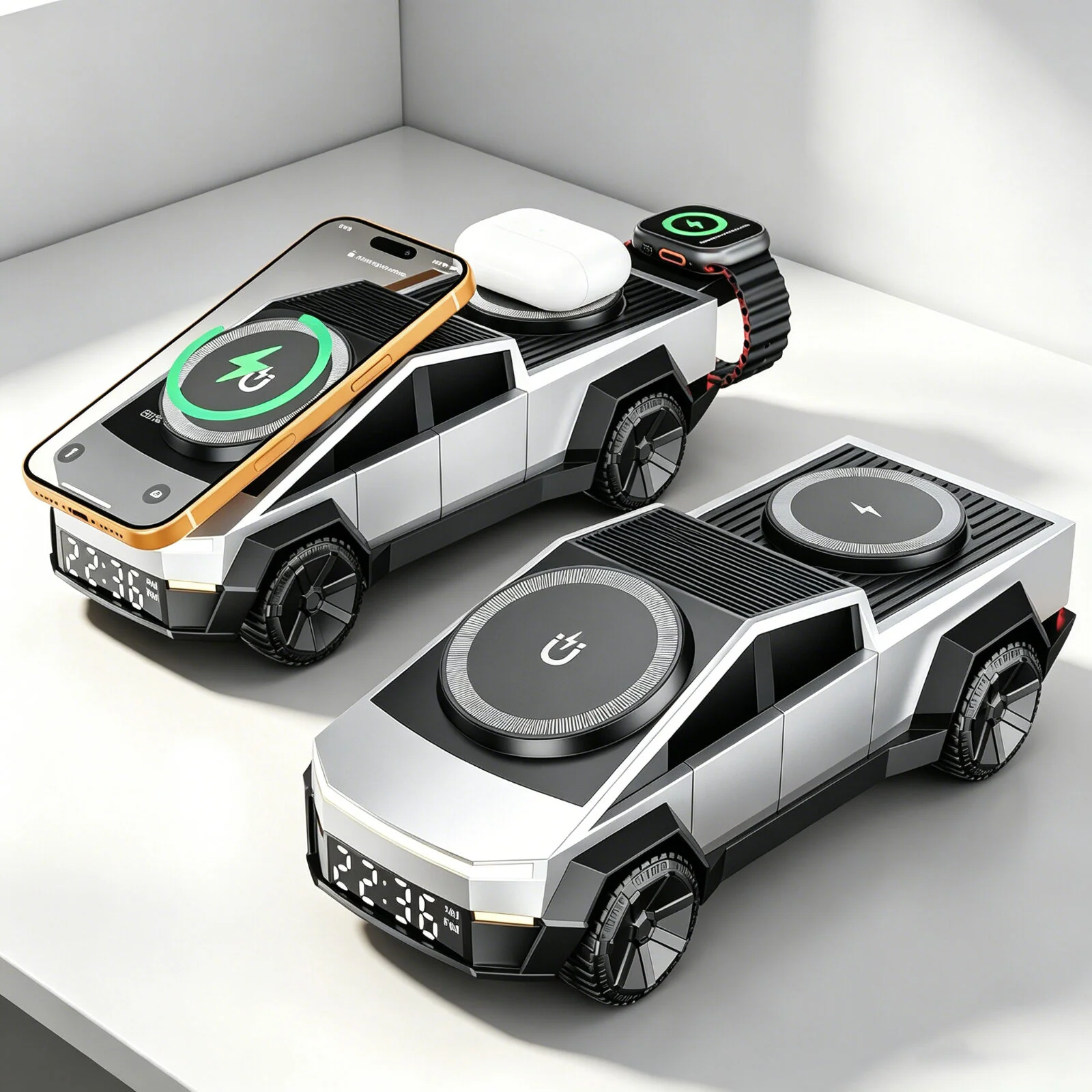 Cyber Truck 3-in-1 Wireless Charger Station with Bluetooth Speaker & Digital Alarm Clock