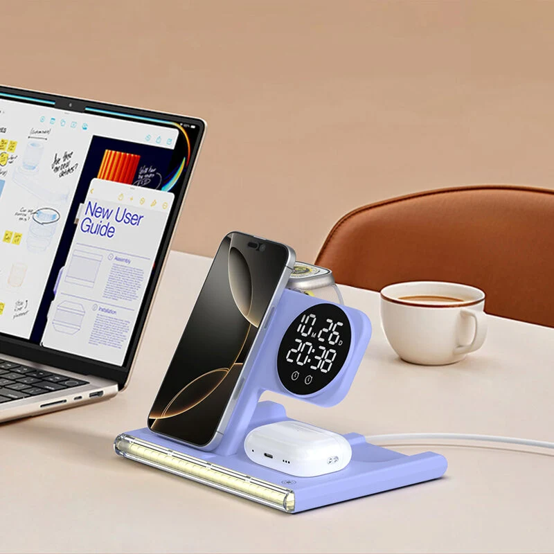 Foldable 3‑in‑1 Wireless Charger Dock Digital Clock & Ambient Light for Phone Earbuds Watch Home Use