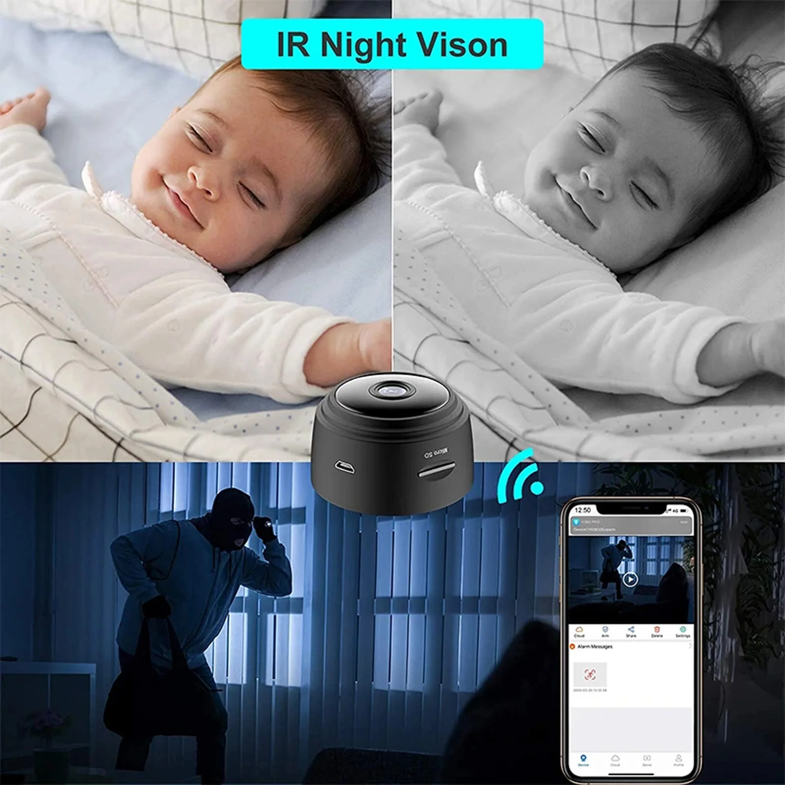Hidden WiFi Mini Camera Magnetic Mount Wireless Security Cam 1080P Night Vision Remote Access Nanny Surveillance Camera TF Card Storage