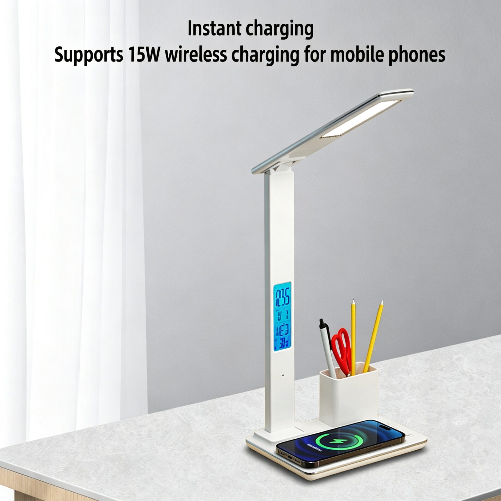 Multi‑Function LED Desk Lamp with 15W Wireless Charger, Clock Alarm Temperature Display, Pen Holder & USB Output
