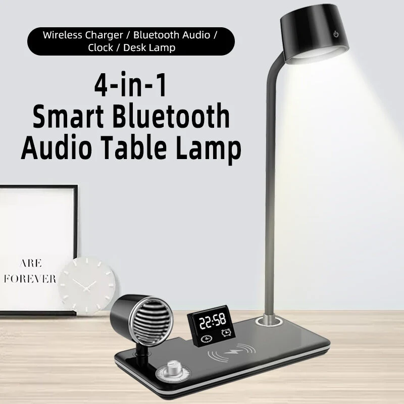 Wireless Charging Eye Protection LED Desk Lamp with Bluetooth Speaker, Alarm Clock for Office Study Bedroom