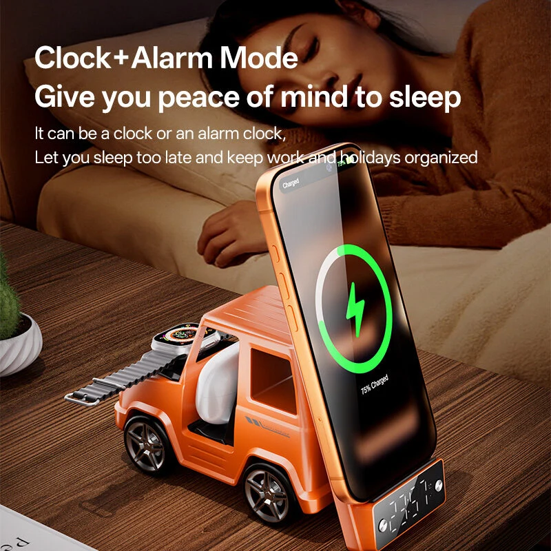 6-in-1 Car Styling Multi Device Wireless Charging Station | 15W Fast Charger with Alarm Clock, Bluetooth Speaker & RGB Ambient Light for iPhone Smart Watch AirPods
