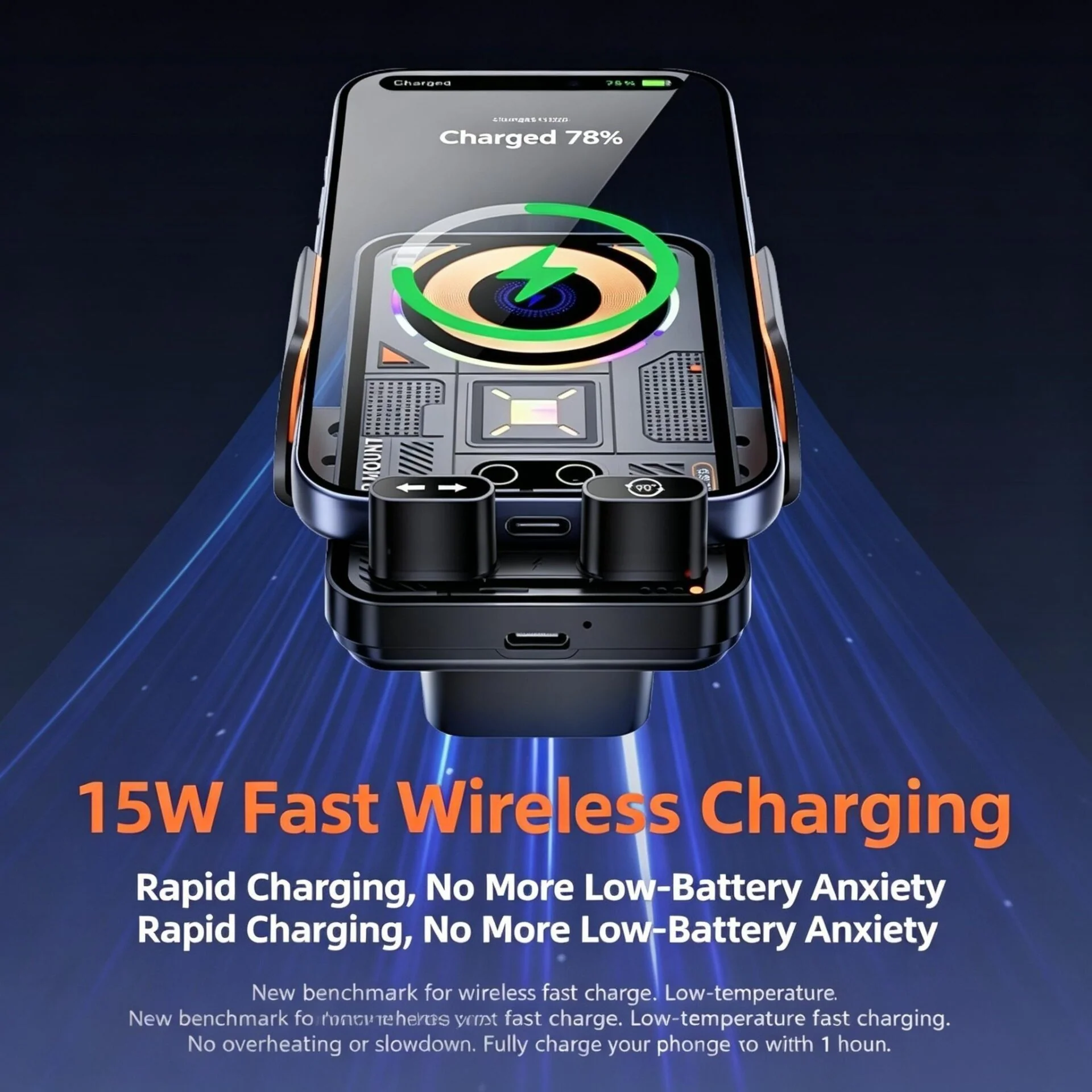 15W Auto‑Sensing Wireless Car Charger Mount | One‑Key Rotation RGB Car Phone Holder Air Vent Mount