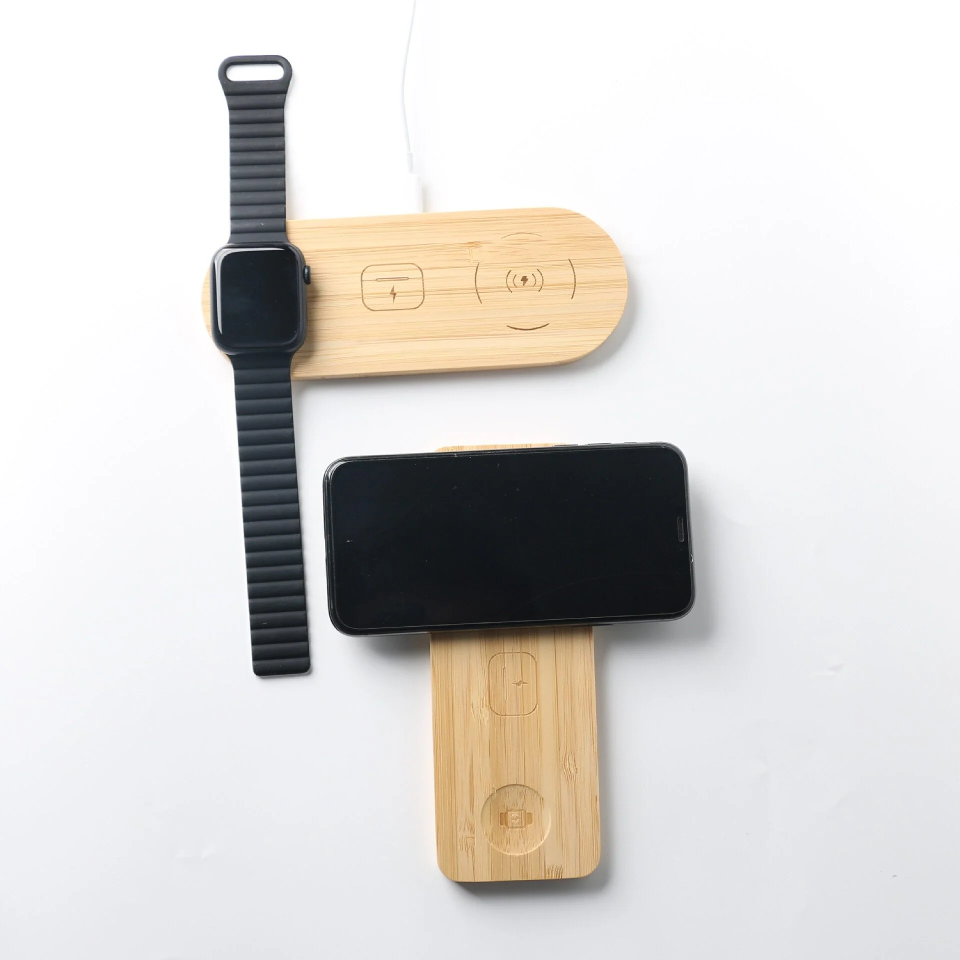 OEM Custom Logo Bamboo 3‑in‑1 Wireless Charging Pad 15W Fast Qi Multi Device Desktop Wireless Charger For Phone Watch Earbuds Gift