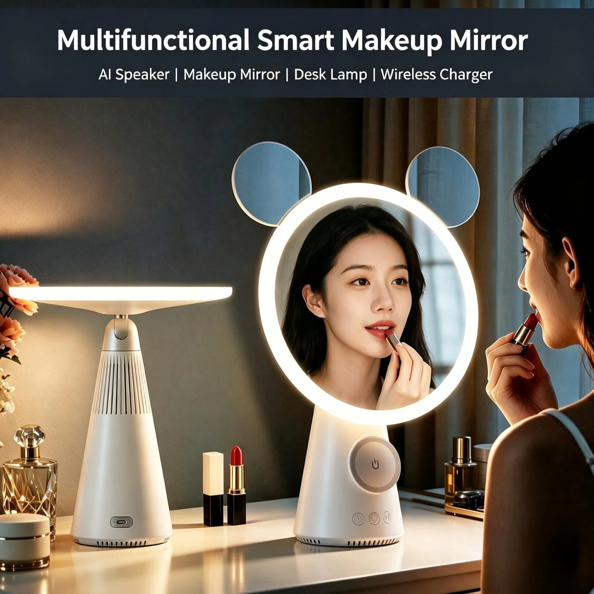 Multifunctional Smart Makeup Mirror with AI Speaker, LED Ring Light, Desk Lamp & Wireless Phone Charger