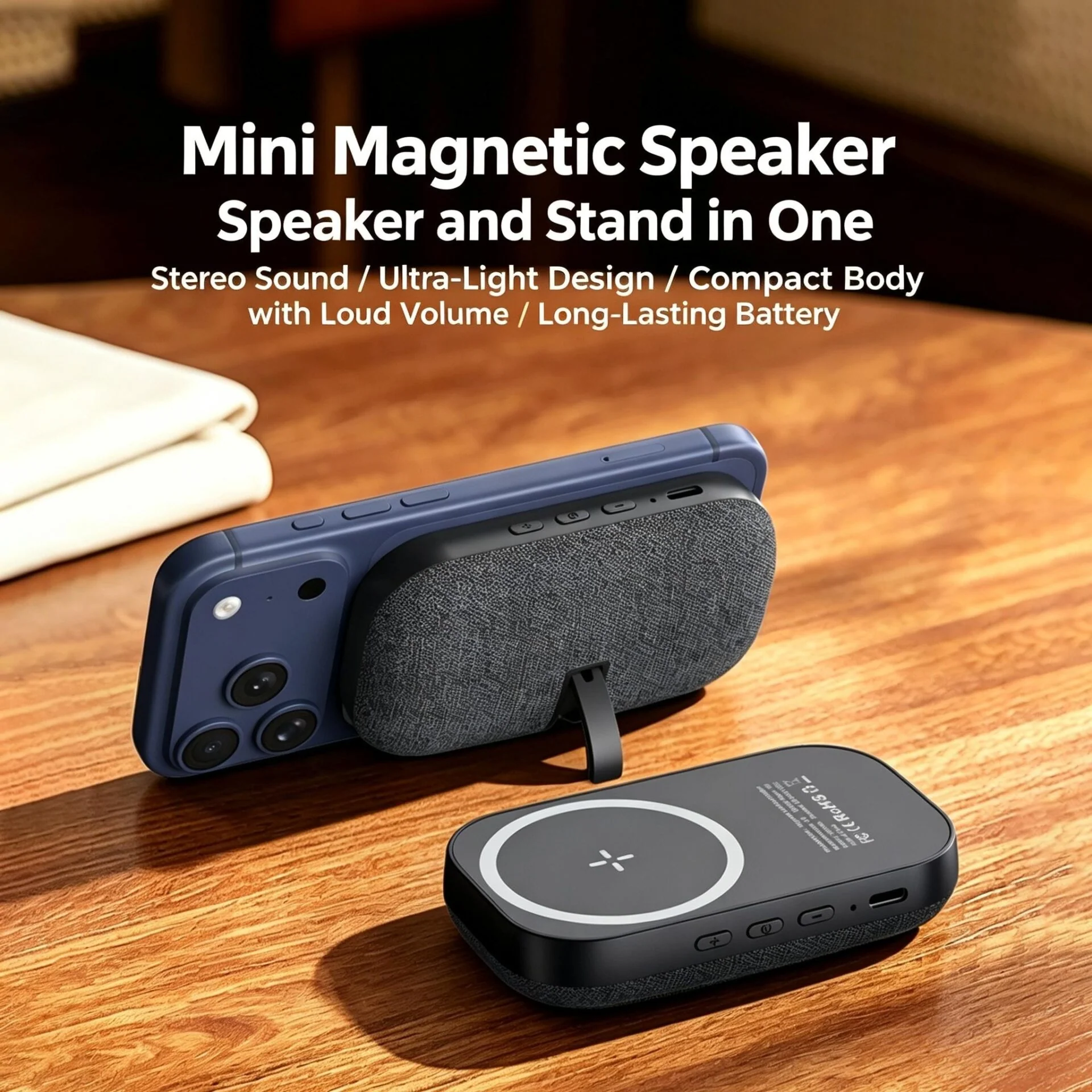Portable Magnetic Wireless Bluetooth Speaker, TWS Stereo, Built-in Mic for Hands-Free Calls, 600mAh Battery