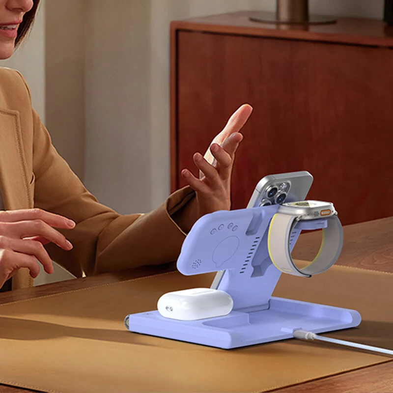 Foldable 3‑in‑1 Wireless Charger Dock Digital Clock & Ambient Light for Phone Earbuds Watch Home Use