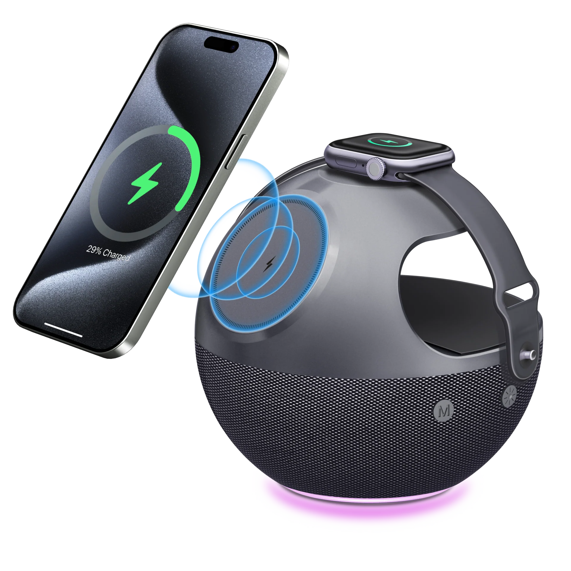 5-in-1 Multi-Functional MagSafe Wireless Charging Hub Built-In Bluetooth Stereo Speaker & Soft RGB Surround Light, Simultaneous Charging for Smartphone, Smart Watch & Wireless Earbuds