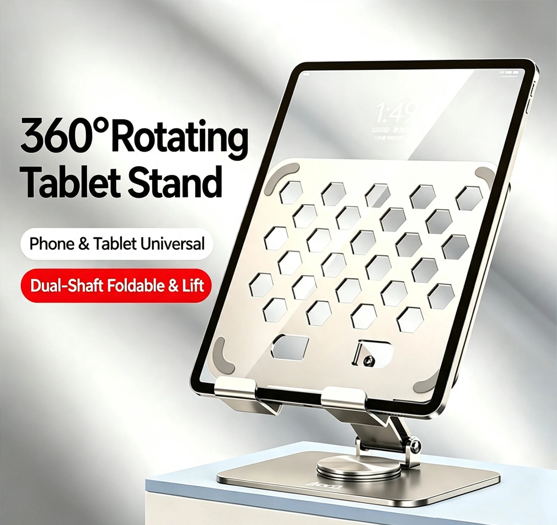 360° Rotatable Foldable Alloy Tablet & Phone Stand | Honeycomb Hollow Cooling, Full Angle Adjustable, Stable Anti-Slip Desktop Holder For iPad, iPhone & All Devices