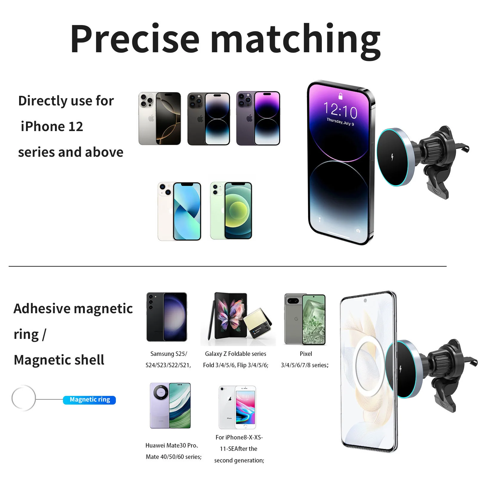 360° Adjustable Magnetic Car Wireless Charger 15W Fast Charging Air Vent Mount with Ice Blue Ambient Light